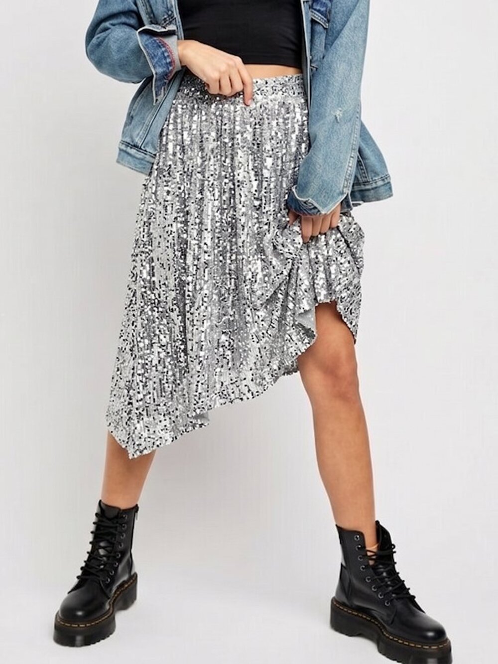 Free People Last Dance Silver Sequin Asymmetrical Eras Skirt - XS- New